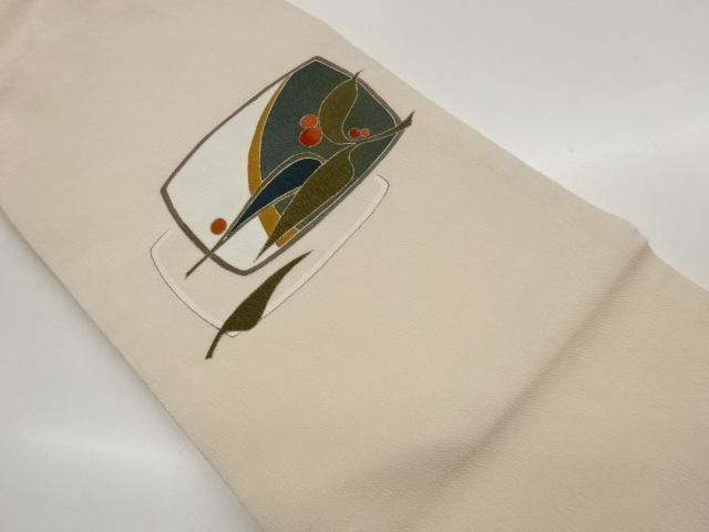 縮緬地実に草葉・色紙模様刺繍名古屋帯